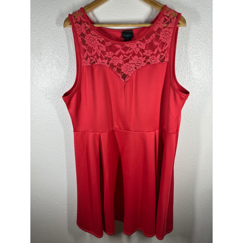 rue+ Dress Womens 2X Red Fit & Flare Lace Yoke Pleated Sleeveless Mini Casual